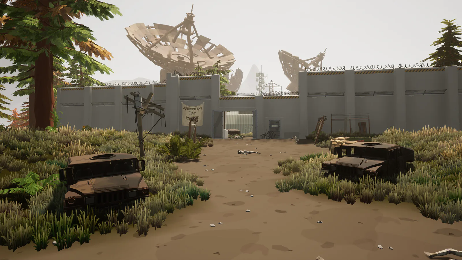 Damaged vehicles outside a concrete high-risk perimeter surrounded by island vegetation