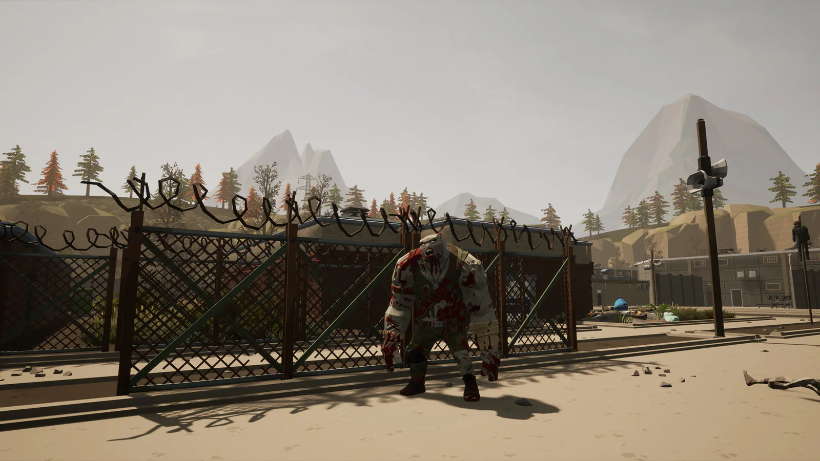 Infected pressing against a fenced gate while a survivor holds position outside the compound