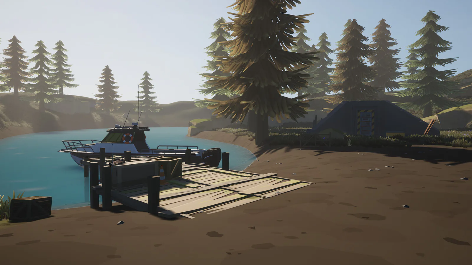 Motorboat tied beside a small island dock with water and forest visible beyond