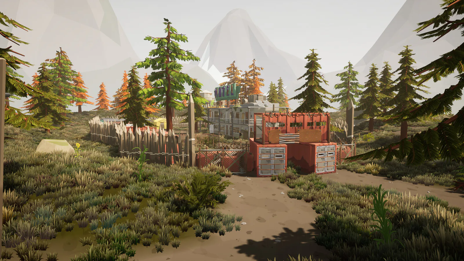 Armed survivor approaching a fenced military outpost with containers and guard structures