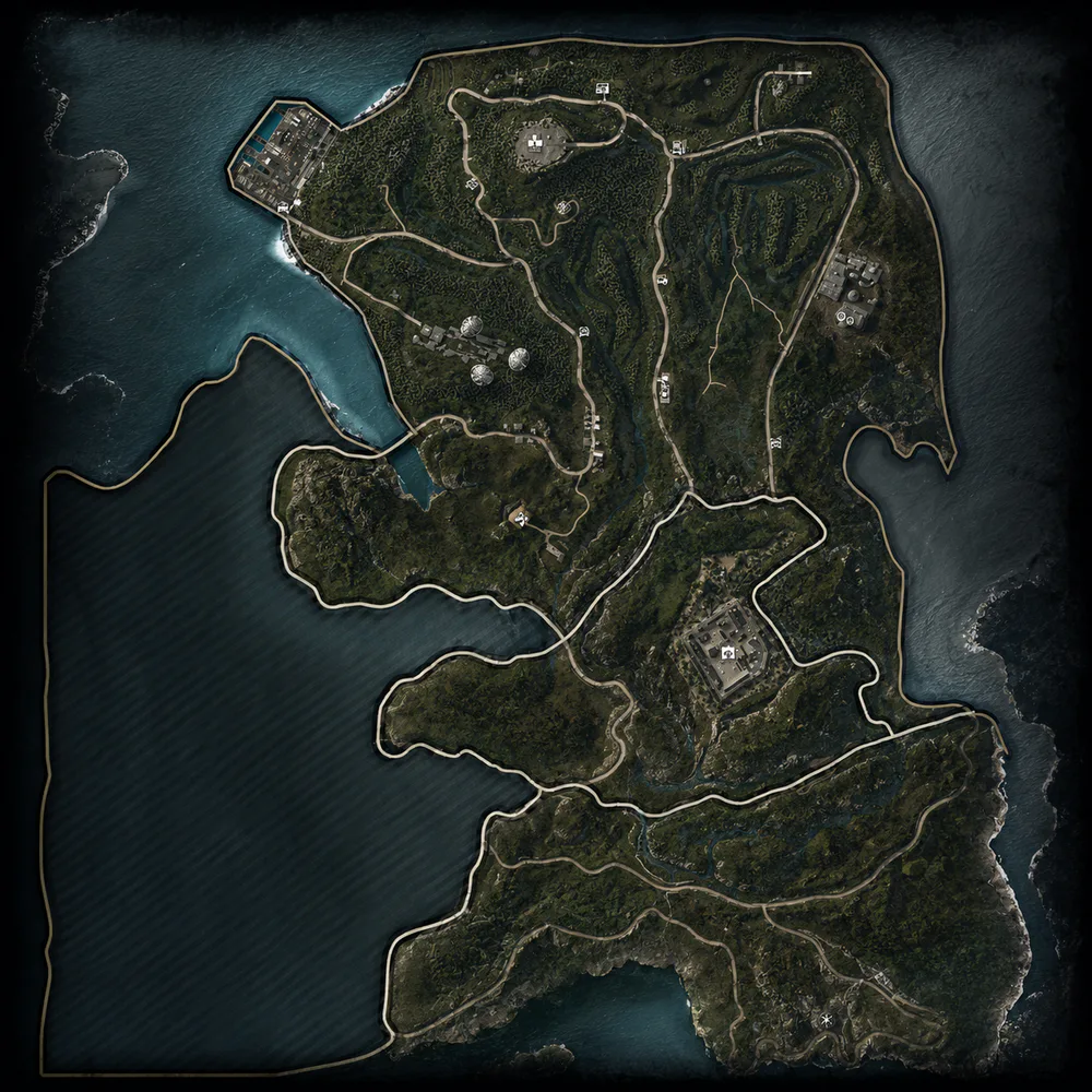 Official in-game Big Map showing the shape and road network of the survival island
